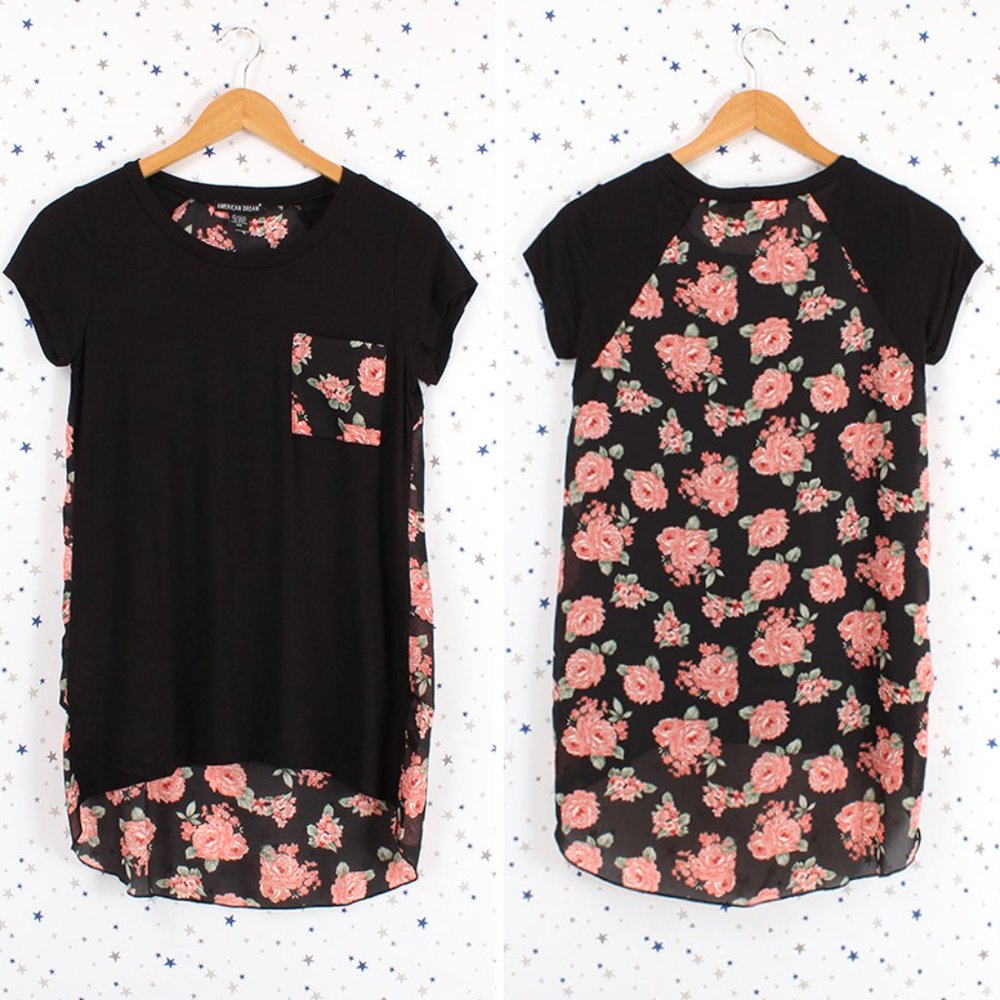 Floral Print Back Top Tee Black Peach